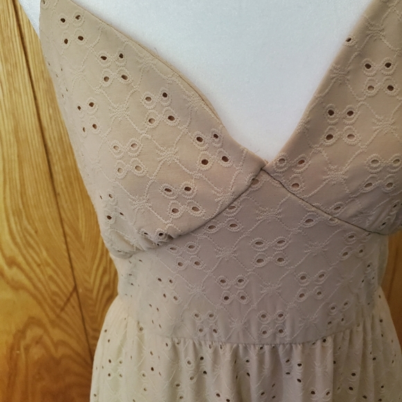 NWOT No Comment spaghetti strap beige dress with eyelit cutouts. Brand new. - Picture 2 of 10